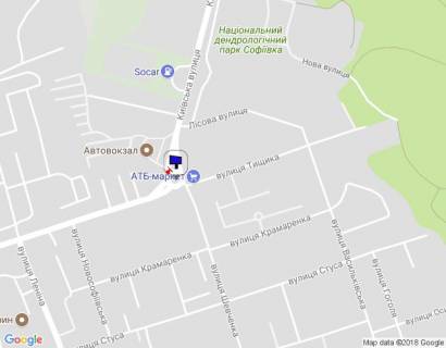 Billboard B in Uman, 6х3  m. Uman', rozv'azka z st. Kiivs'ka, st. Tisika ta st. Sevcenka (klumba), bila Avtovokzalu, navproti magazinu ATB, za 200m do AZS SOCAR scheme