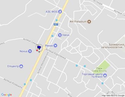 Billboard B in Brovary, 6х3  m. Brovari, st. Kiivs'ka, navproti budinku 312, bila magazinu "Epicentr" ta magazinu "Novus", cerez 100m pisla avtobusnoi zupinki, cerez 305m pisla povorotu na st. Kozac'ka, za 50m do povorotu na st. Vasila Simonenka ta st. Korolenka scheme