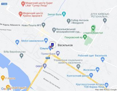 Citylight B in Vasylkiv, 1,2х1,8  m. Vasil'kiv, st. Soborna, 64/1, bila magazinu "Sil'po", za 150m do perehresta z st. Unih Komunariv, za 230m do perehresta z st. Sevcenka ta st. Pokrovs'ka, cerez 50m pisla povorotu na st. Volodimirs'ka scheme