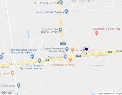 Billboard B in Kapitanivka, 6х3  s. Kapitanivka, trasa M-06 "Kiiv-Cop" (Zitomir), km 24+400 pravo, cerez 420m pisla AZS AMIS ta povorotu na Vorzel', cerez 280m pisla Mega Marketu scheme