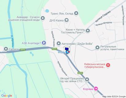 Billboard A in Gostomel, 6х3  смт. Гостомель, траса М-07 "Київ-Ковель", км 22+850 право, вул. Кулішова, 44 (вул. Садова, 2), перед поворотом на с. Горенка, парковка магазину "Фора" scheme