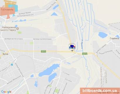 Billboard A in Bucha, 6х3  m. Buca, trasa M-07 "Kiiv-Kovel'", km 24+100 pravo, st. Sevcenka, ZK "Aviator", napramok z Irpina, v'izd v Bucu, cerez 200m pisla povorotu na Irpin', Gostomel', verh scheme