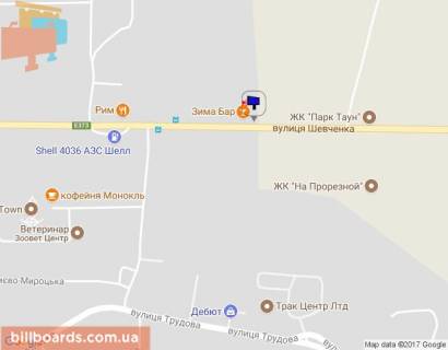 Billboard B in Bucha, 6х3  m. Buca, trasa M-07 "Kiiv-Kovel'", km 25+850 pravo, st. Sevcenka, viizd z Buci, restoran "Zima Bar", restoran "Rim", verh scheme