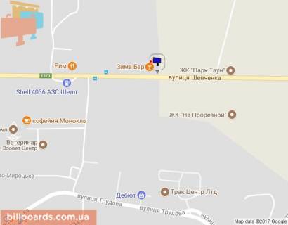 Billboard B in Bucha, 6х3  m. Buca, trasa M-07 "Kiiv-Kovel'", km 25+850 pravo, st. Sevcenka, viizd z Buci, restoran "Zima Bar", restoran "Rim", niz scheme