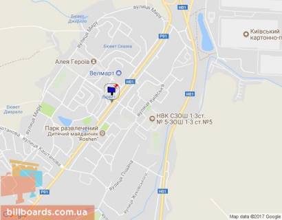 Billboard A in Obukhiv, 6х3  m. Obuhiv, st. Kiivs'ka, 123, navproti rinku ta zitlovogo kompleksu "Nektarnij", za 40m do povorotu do supermarketu "Velmart" scheme