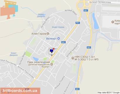 Billboard A in Obukhiv, 6х3  m. Obuhiv, st. Kiivs'ka, 154, za 125m do banku "Aval'", navproti ozera ta magazinu ATB scheme