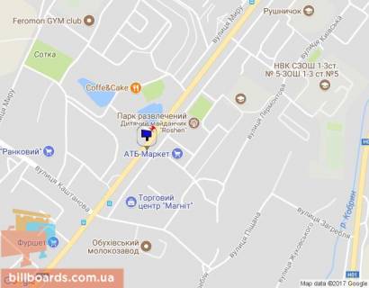 Billboard B in Obukhiv, 6х3  m. Obuhiv, st. Kiivs'ka, 148, za 210m do povorotu na st. Kastanova, navproti TC Magnit ta magazinu ATB, niz scheme