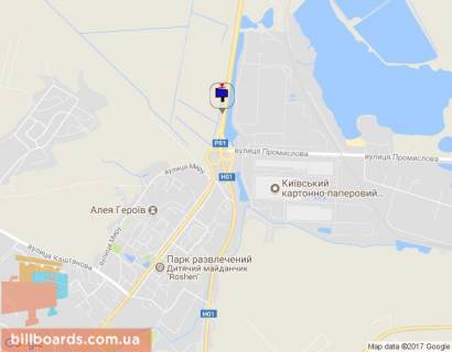 Billboard A in Obukhiv, 12х3  Dniprovs'ke sose, trasa N-01 "Kiiv-Znam'anka", km 43+000 pravo, za 100m do rozv'azki na m. Obuhiv ta m. Ukrainka, v'izd v m. Obuhiv z m. Kiiv, livij scheme
