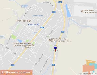 Billboard A in Obukhiv, 6х3  Dniprovs'ke sose, trasa N-01 "Kiiv-Znam'anka", km 44+500 livo, za 100m do gotelu "Zelena gora", cerez 100m pisla AZS SOCAR, cerez 200m pisla povorotu na st. Zagrebla scheme