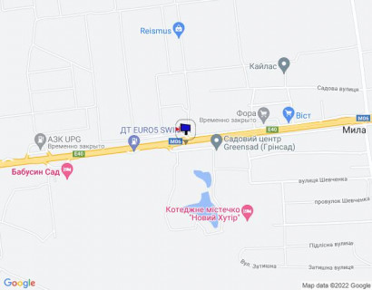 Billboard A in With. Mila, 6х3  с. Мила, траса М-06 "Київ-Чоп" (Житомир), км 26+800 ліво, біля садового центру, за 550м до магазину "Фора", через 625м після АЗС GLUSCO scheme