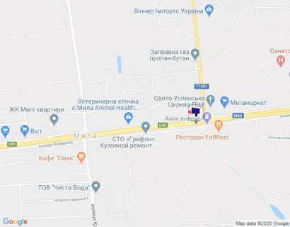 Billboard A in With. Mila s. Mila, trasa M-06 Kiiv-Cop (Zitomir), km 25+000 livo, pered AZS AMIS, bila kliniki Spizenko scheme