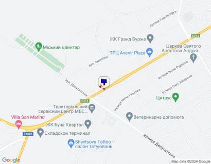 Billboard A in Bucha, 6х3  m. Buca, trasa M-07 "Kiiv-Kovel'", km 30+120 livo, st. Nove Sose, bila AZS WOG, navproti TC Modul', Fokstrot, Komfi, Adonis, za 200m do magazinu Epicentr scheme