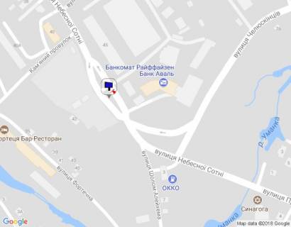 Billboard A in Uman m. Uman', st. Nebesnoi Sotni, cerez 60m pisla rozv'azki z st. Celuskinciv ta st. Solom-Alejhema, cerez 120m pisla AZS OKKO, za 60m do avtobusnoi zupinki ta 130m do povorotu na provulok Kam'anij scheme