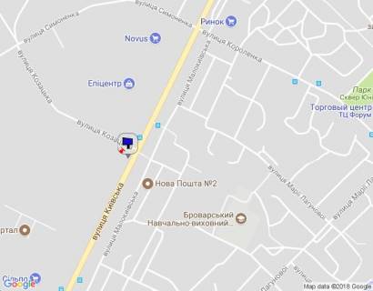 Billboard B in Brovary, 6х3  m. Brovari, st. Kiivs'ka, navproti budinku 302, za 170m do magazinu "Epicentr" ta magazinu "Novus", za 25m do povorotu na st. Kozac'ka, cerez 220m pisla povorotu do ZK "Lisovij kvartal", cerez 340m pisla magazinu "Sil'po" scheme