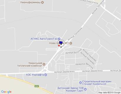 Billboard A in Uman, 6х3  m. Uman', st. Teplicna, 8, za 70m do povorotu na st. Industrial'na, za 990m do rozv'azki z st. Zavods'ka ta st. Energeticna, cerez 450m pisla rozv'azki z st. Derev'anka, niz scheme
