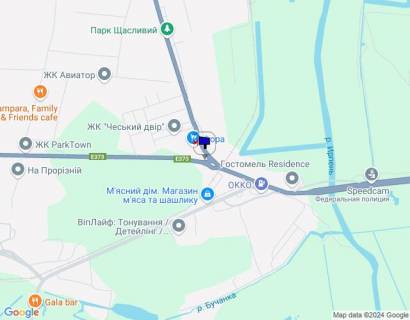 Billboard B in Gostomel, 6х3  м. Буча-м. Гостомель, траса М-07 "Київ-Ковель", км 23+875 право, вул. Гостомельське шосе-вул. Свято-Покровська, розвилка Ірпінь-Гостомель-Буча, парковка Фора, KFC, поворот на Гостомель, Ірпінь, напрямок на Ірпінь scheme