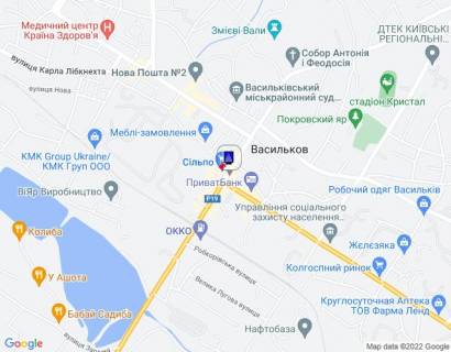 Citylight A in Vasylkiv, 1,2х1,8  m. Vasil'kiv, st. Soborna, 64/1, bila povorotu na st. Volodimirs'ka, navproti magazinu "Sil'po", za 190m do perehresta z st. Unih Komunariv, za 270m do perehresta z st. Sevcenka ta st. Pokrovs'ka scheme