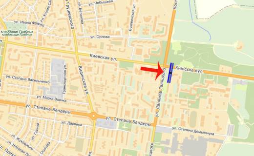 Billboard A in Rivne, 3х6  st.Kiivs'ka/st.Galic'kogo (Zavod Ukrburstin) (A) scheme