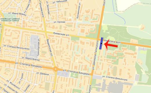 Billboard B in Rivne, 3х6  st.Kiivs'ka/st.Galic'kogo (Zavod Ukrburstin) (V) scheme