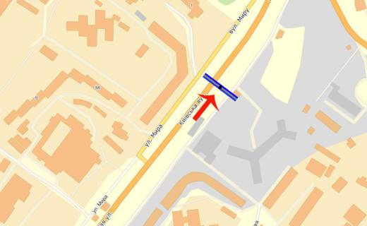 Billboard A in Obukhiv, 3х6  Obuhiv st.Kiivs'ka 12 (A) (pravij) - viizd z mista scheme